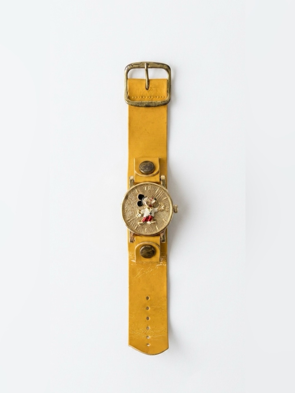 Vintage 90s Mickey Mouse Cuff Watch Yellow Leather Gold Tone Y2K Broken